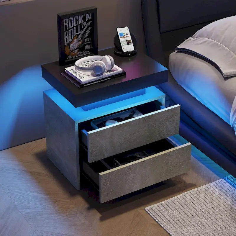 Mesita de Noche con LED Multicolor (Gris/Azul/Negro/Rosa/Blanco) y 2 Cajones – Un Solo Uso