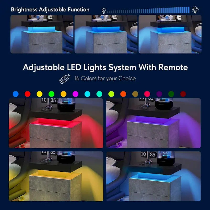 Mesita de Noche con LED Multicolor (Gris/Azul/Negro/Rosa/Blanco) y 2 Cajones – Un Solo Uso