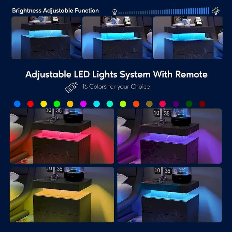 Mesita de Noche con LED Multicolor (Gris/Azul/Negro/Rosa/Blanco) y 2 Cajones – Un Solo Uso
