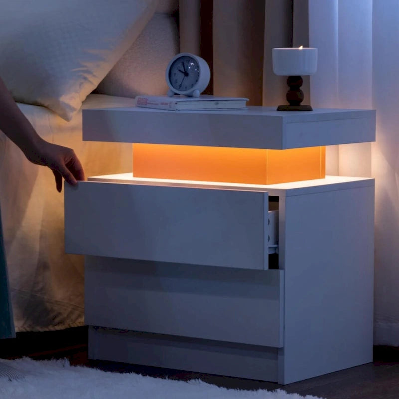 Mesita de Noche con LED Multicolor (Gris/Azul/Negro/Rosa/Blanco) y 2 Cajones – Un Solo Uso