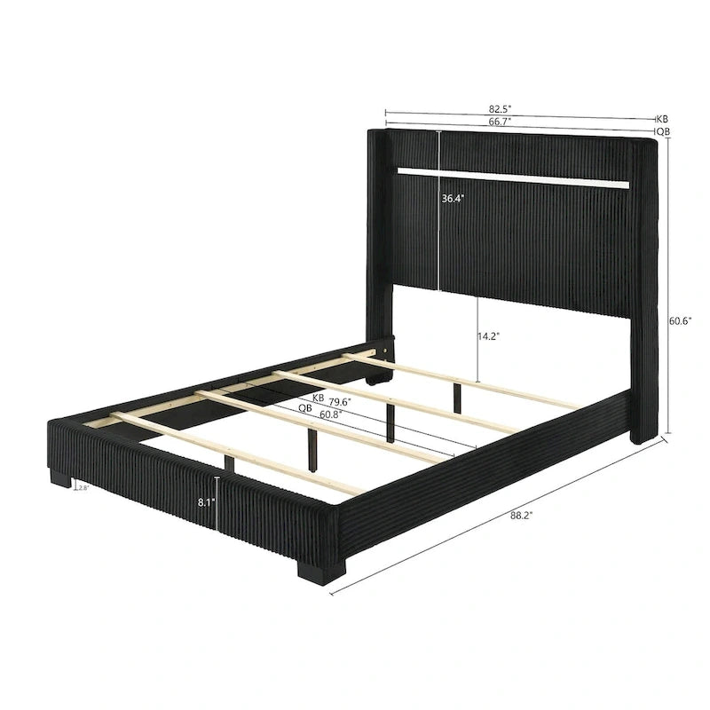 Juego de dormitorio Pedro de 3 piezas con panel tapizado en terciopelo negro