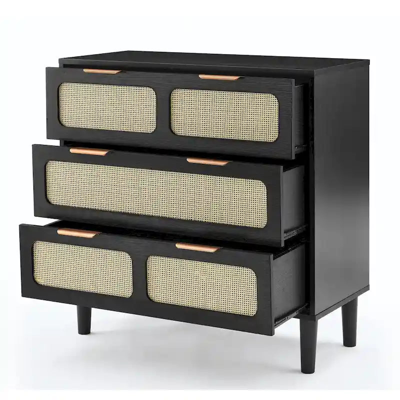 Cómoda de mimbre de 3 cajones, madera natural/negro, 1 persona