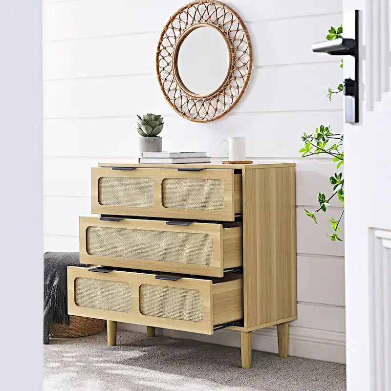 Cómoda de mimbre de 3 cajones, madera natural/negro, 1 persona
