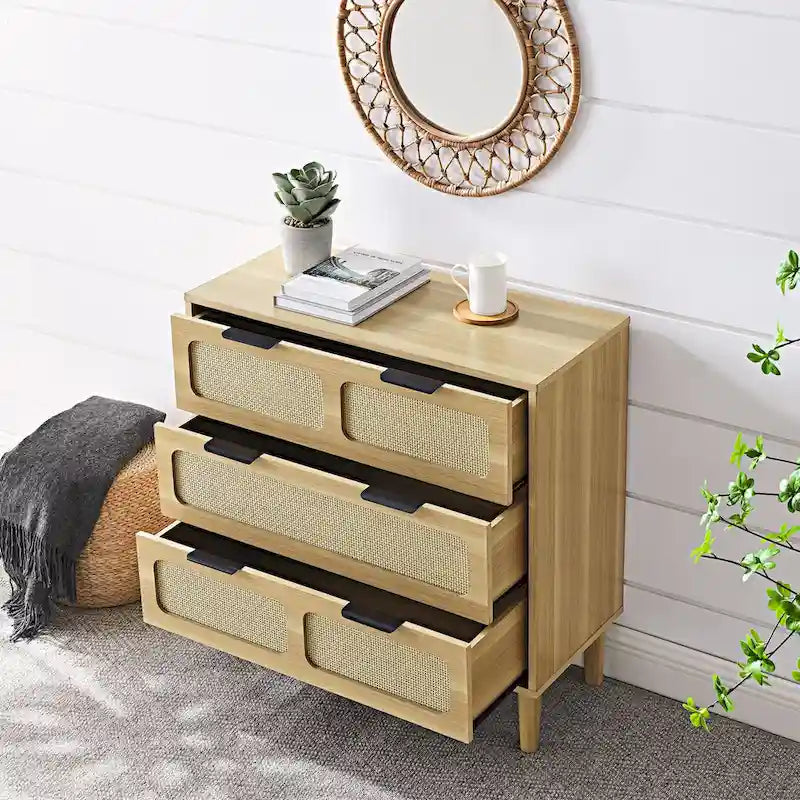 Cómoda de mimbre de 3 cajones, madera natural/negro, 1 persona