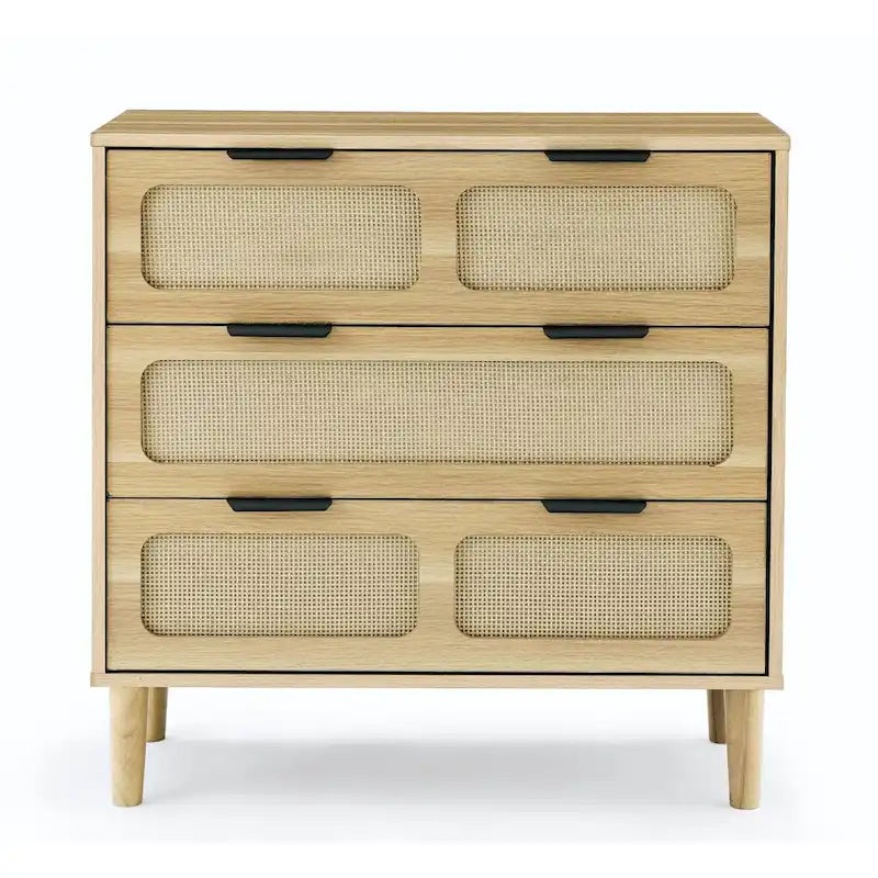 Cómoda de mimbre de 3 cajones, madera natural/negro, 1 persona