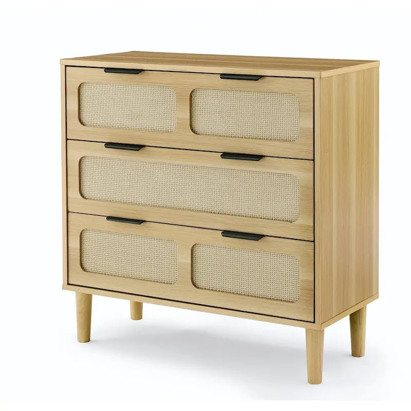 Cómoda de mimbre de 3 cajones, madera natural/negro, 1 persona