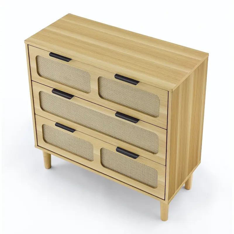 Cómoda de mimbre de 3 cajones, madera natural/negro, 1 persona
