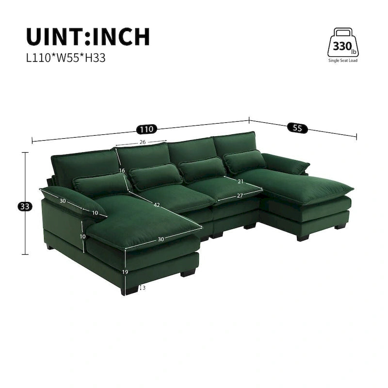 Sofá Seccional en U Blanco/Verde, Chenilla, 6 Plazas