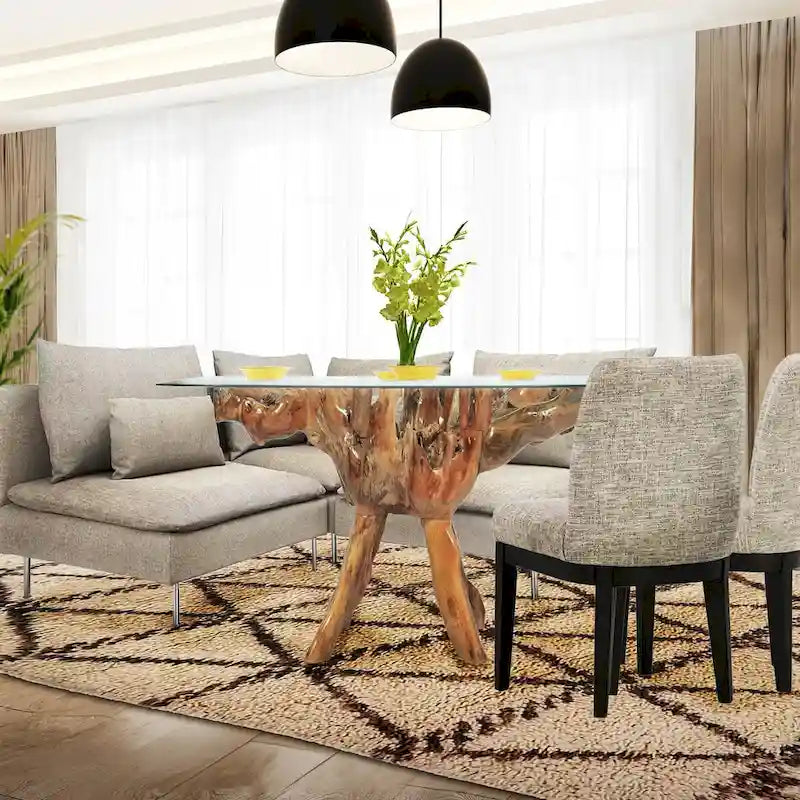 Mesa de comedor con pedestal de raíz de teca miel con tablero de cristal cuadrado de 109 cm, capacidad para 4 personas