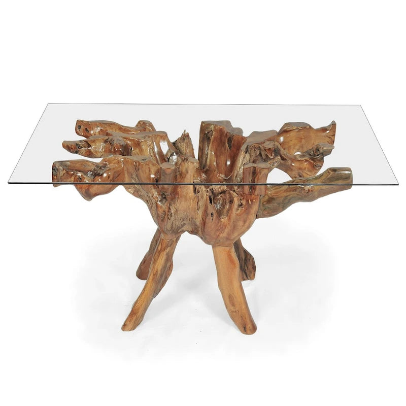 Mesa de comedor con pedestal de raíz de teca miel con tablero de cristal cuadrado de 109 cm, capacidad para 4 personas