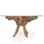Mesa de comedor con pedestal de raíz de teca miel con tablero de cristal cuadrado de 109 cm, capacidad para 4 personas
