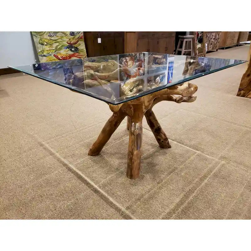 Mesa de comedor con pedestal de raíz de teca miel con tablero de cristal cuadrado de 109 cm, capacidad para 4 personas