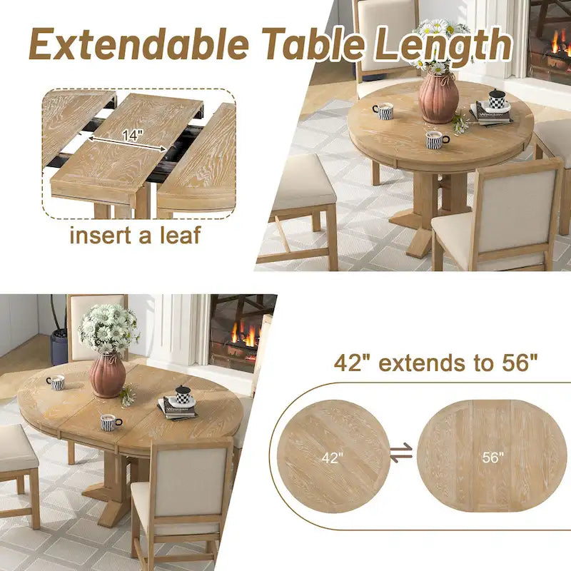 Mesa de comedor de granja Mesa redonda extensible para cocina, comedor