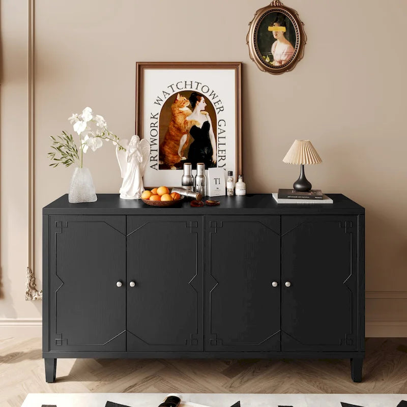 Aparador de 4 puertas negro de 60", estilo oriental, 1 unidad