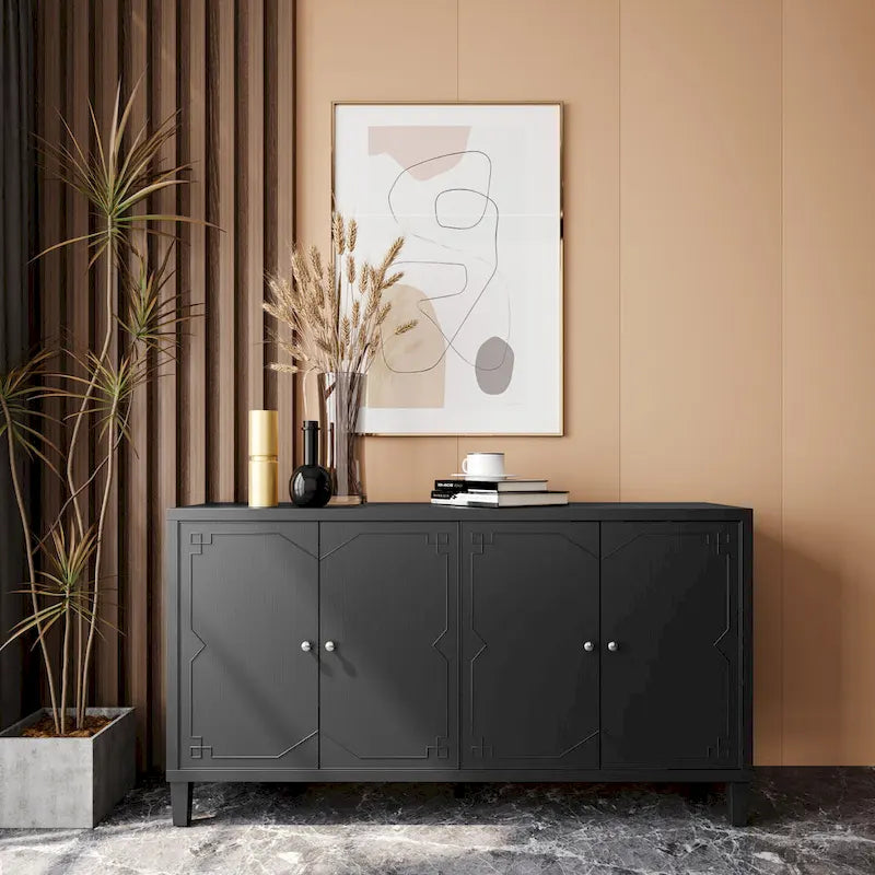 Aparador de 4 puertas negro de 60", estilo oriental, 1 unidad