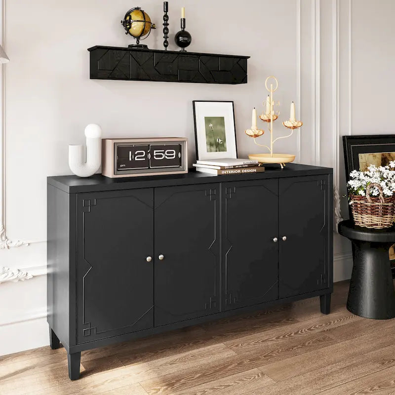 Aparador de 4 puertas negro de 60", estilo oriental, 1 unidad