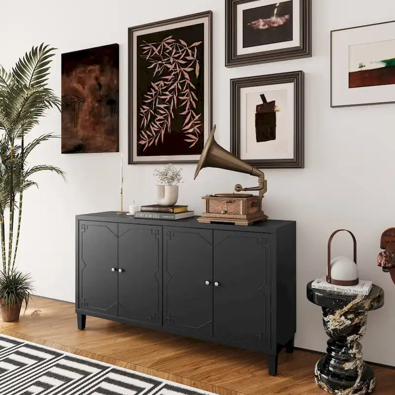 Aparador de 4 puertas negro de 60", estilo oriental, 1 unidad