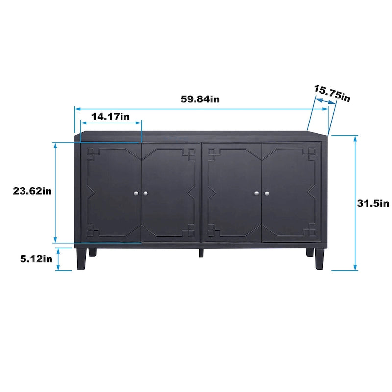 Aparador de 4 puertas negro de 60", estilo oriental, 1 unidad