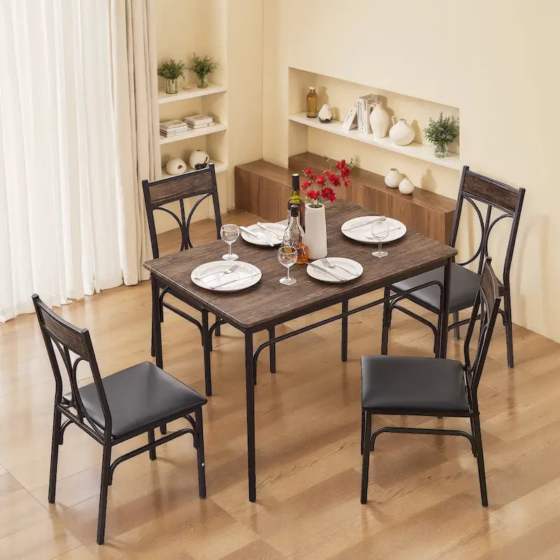 Juego de comedor de 5 piezas rústico marrón, para 4 personas